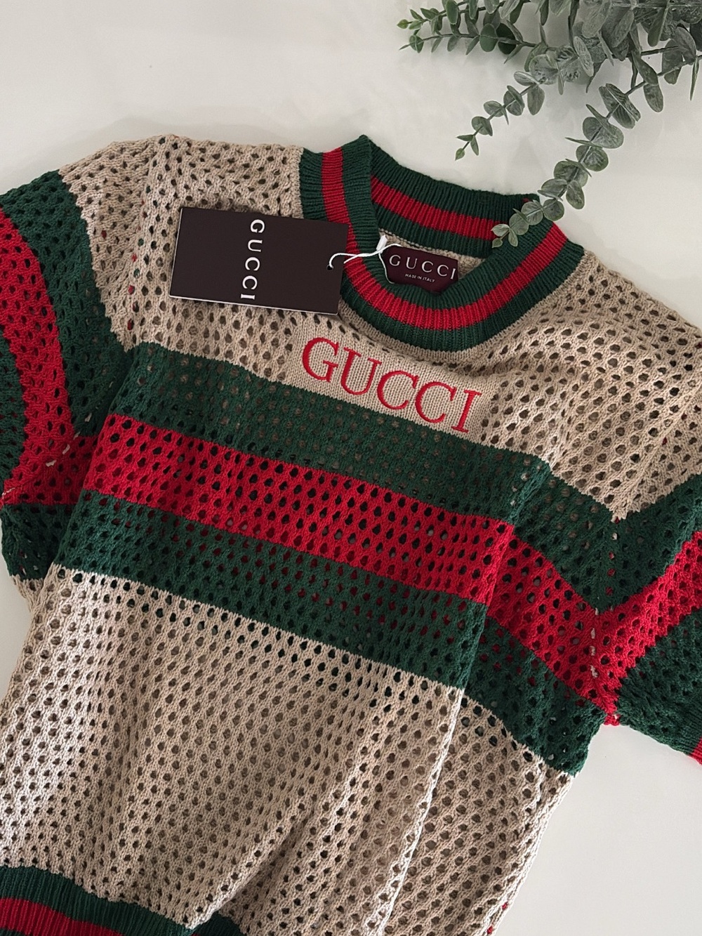 Gucci Beige Open-Knit Crew Sweater with Green & Red Stripe
